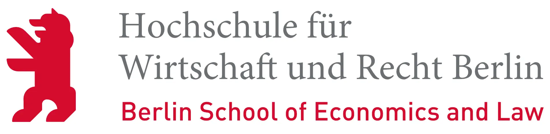 Hochschule für Wirtschaft und Recht Berlin Logo, inklusive rotem Bären und Schriftzug "Berlin School of Economics and Law", symbolisiert akademische Exzellenz und Bildung im Bereich Wirtschaft und Recht.